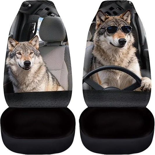 Wolf Car Front Seat Covers Anti-Slip Car Seat Covers for Front Seats Elastic Polyester Cool Auto Interior Accessories 2 Pcs Set Universal Fit for Most Cars,Sedans & SUVs