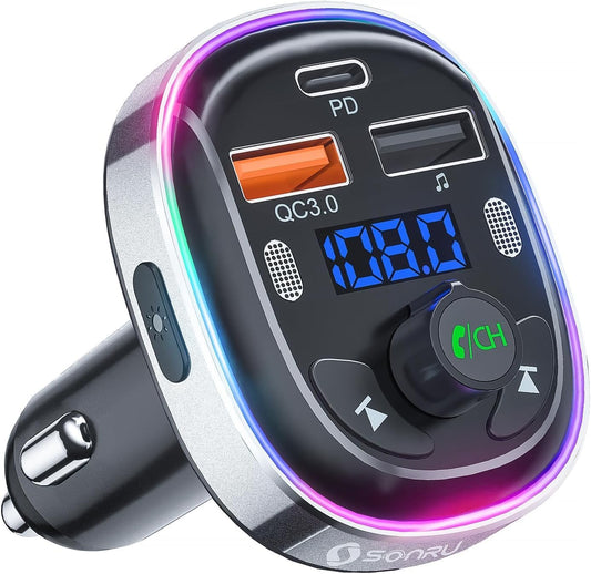 SONRU Bluetooth 5.3 FM Transmitter for Car, Bluetooth Car Adapter, PD 30W & QC3.0 18W Fast Car Charger, Wireless FM Radio Music Adapter, Stronger Dual Mics/7 Colored LED Backlit/Hands-Free Calling