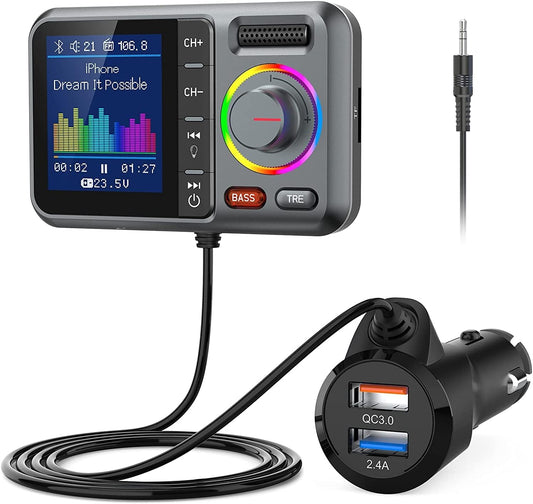 Nulaxy Bluetooth FM Transmitter for Car, Wireless Car Bluetooth Adapter with Big Color Screen, Support QC3.0 Fast Charging, Hands-Free Call, MP3 Music Player BASS&TRE Booster, TF Card AUX-KM28 Grey