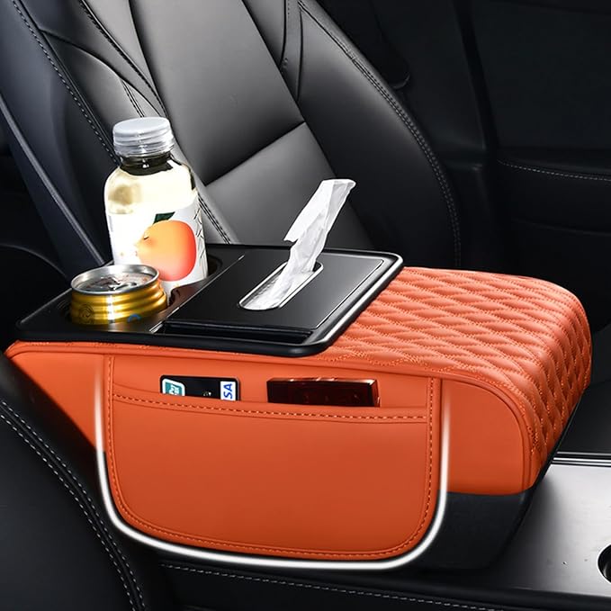 5-in-1 Car Armrest Pad Cushion, Water Ripple Embossed Center Console Booster Pad with Tissue Box, Cup Holder, Storage Bag, Phone Slot, Fit for Most Sedan Vehicles (Water Ripple Series, Orange)