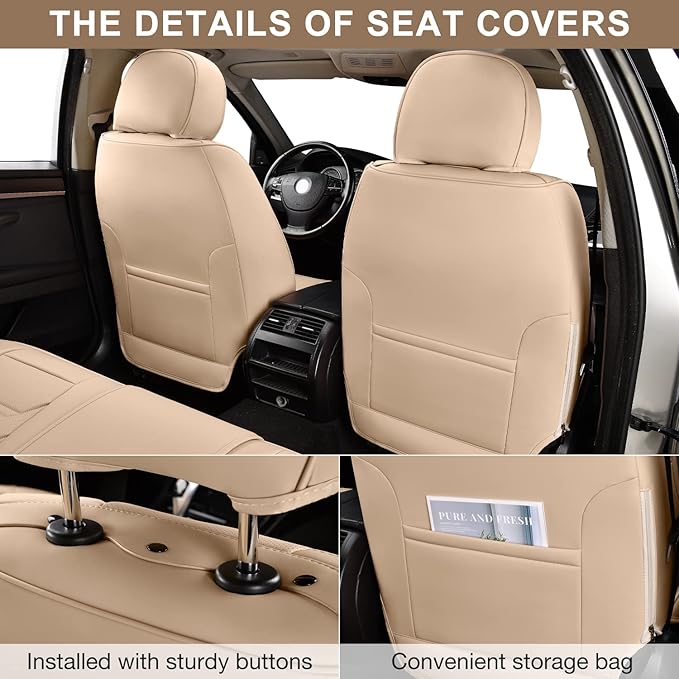 Beige Car Seat Covers Front Pair, Breathable Leather Automotive Front Seat Covers & Headrest for Comfortable Driving, Compatible with Most Cars Sedans SUV Pickup Trucks