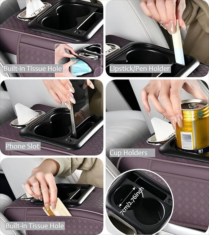2026 Enhanced Car Center Console Armrest Cushion with USB& Type-C Charging, PU Leather Console Pad with Cup Holders, Storage& Tissue Outlet for Most Vehicles (Sloped Version, Plum Purple)