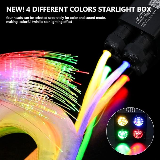 AMKI Updated 4Color Twinkle 36w Starlight Headliner Kits 800pcs 0.03in 13.1ft Fiber Optic Light Cable 4 Ports Starlight Box App/Remote Control Sound Mode for Car Home Ceiling Decoration