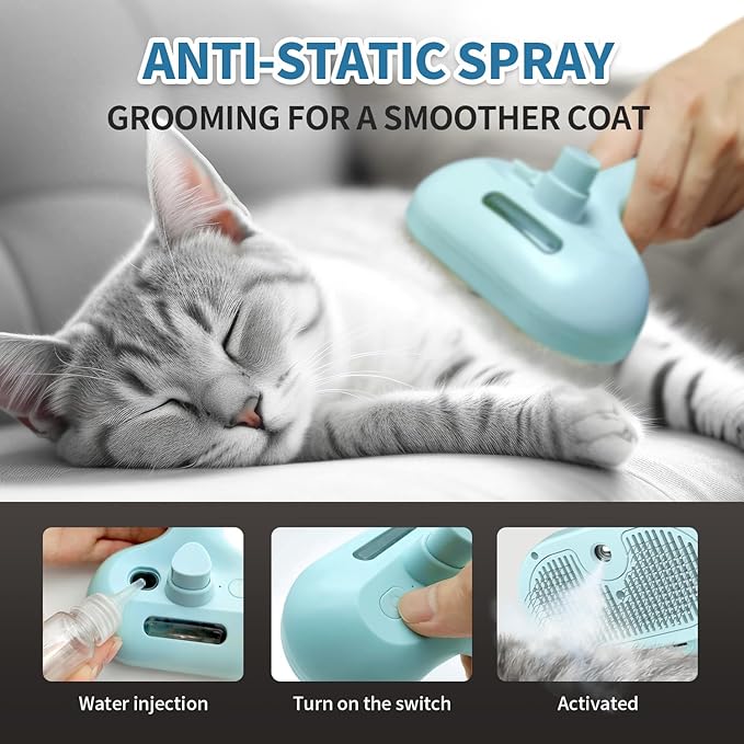 Dog Brush for Shedding, 3 in 1 Self Cleaning Steam Dog Brush - Anti-Static,Cat Steam Brush Removal Comb with Release Button, Grooming Tool for Long and Short Hair Pets, Blue