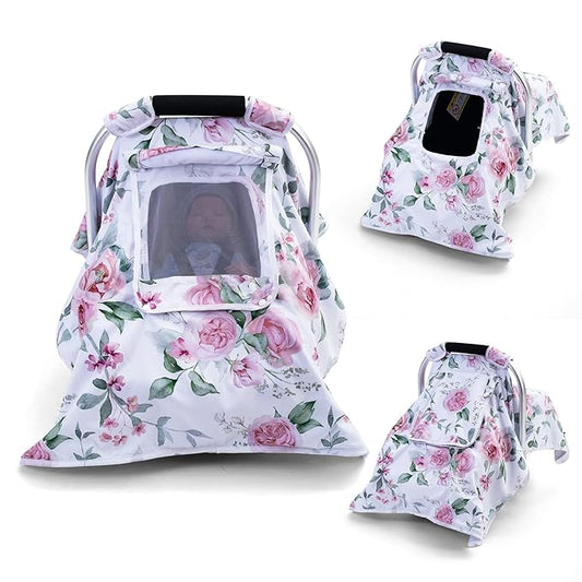 Baby Car Seat Cover, Infant Car Seat Cover with 2 Layer Windows, Breathable Baby Carrier Sun Shade Cover, Windproof Car Seat Canopy Weather Shield for Newborn