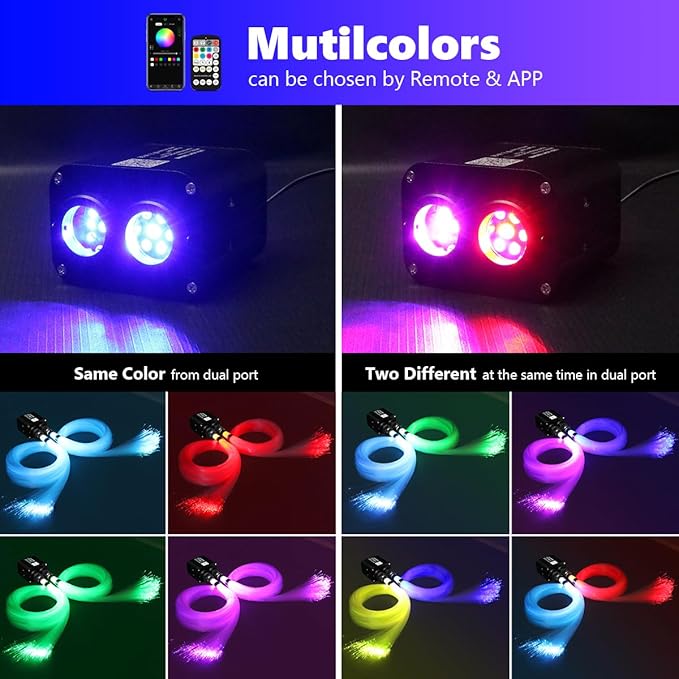 AMKI Dual Color 20W Twinkle Starlight Headliner Kit 600pcs 0.03in 9.8ft Fiber Optic Star Ceiling Light Sound Activated Music Mode APP/Remote Control Dual Port Light Box for Car Home Roof Decor