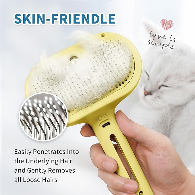 3 In 1 Self-Cleaning Steamy Brush for Pet Grooming - Anti-Static Flying Hair Spray, Removes Loose Hair and Reduces Shedding for Long and Short Fur, Yellow