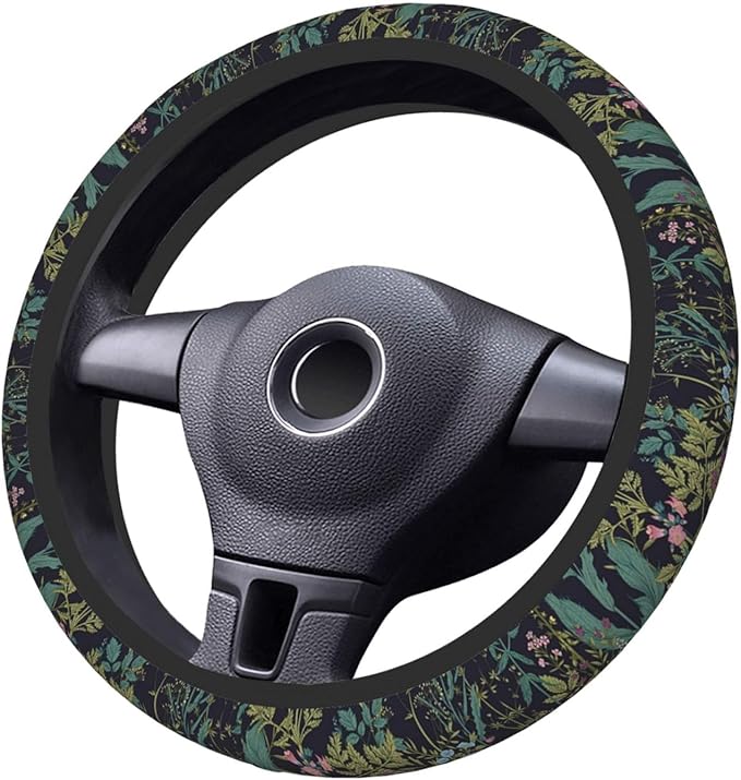 Vintage Daisy Leaves Flowers Steering Wheel Cover for Women, Anti-Slip Elastic Breathable Soft Rubber Car Steering Wheel Protective Cover, Universal 15 Inch Fit for Cars, Auto, SUVs