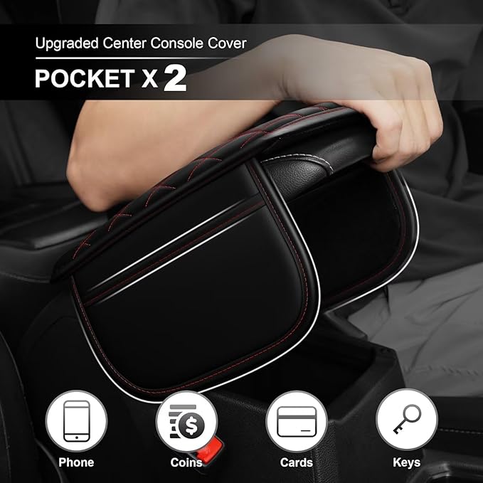 Upgraded Car Center Console Cover Fit for Tacoma Faux Leather Car Armrest Cover Cushion with 2 Storage Bags,Car Armrest Storage Box Interior Accessories(Black&Redline,F)