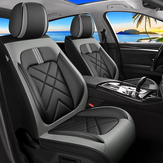 Car Seat Covers Fit for Mazda 3 2007-2026, Premium Leather, Full Coverage Leather Waterproof Breathable Seat Covers, Automotive Seat Protectors, Airbag Compatible(2 Front Seats, Black Gray)