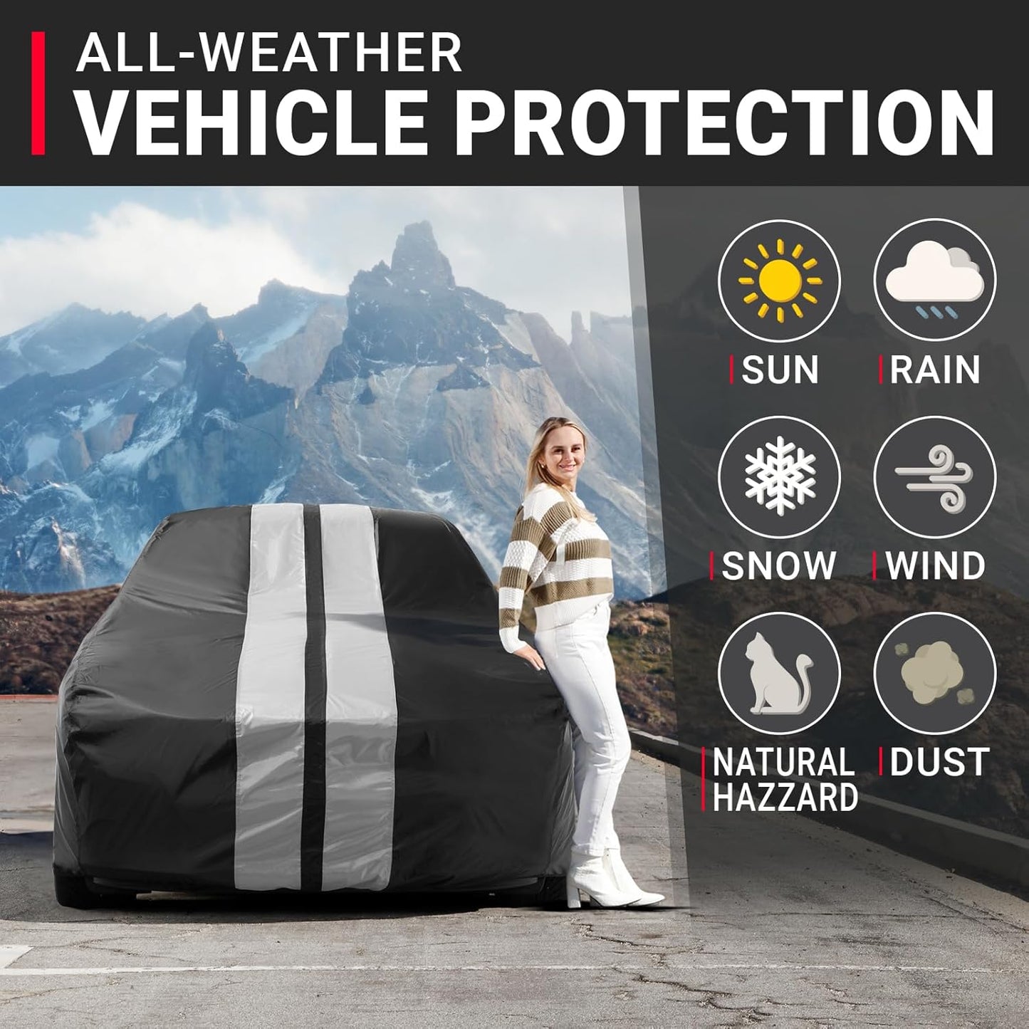 iCarCover Custom Car Cover for Buick Century Wagon (1978-1981) Waterproof All-Weather Rain Snow UV Sun Protector Full Exterior Indoor Outdoor Car Cover (Stripe - Black/Gray)