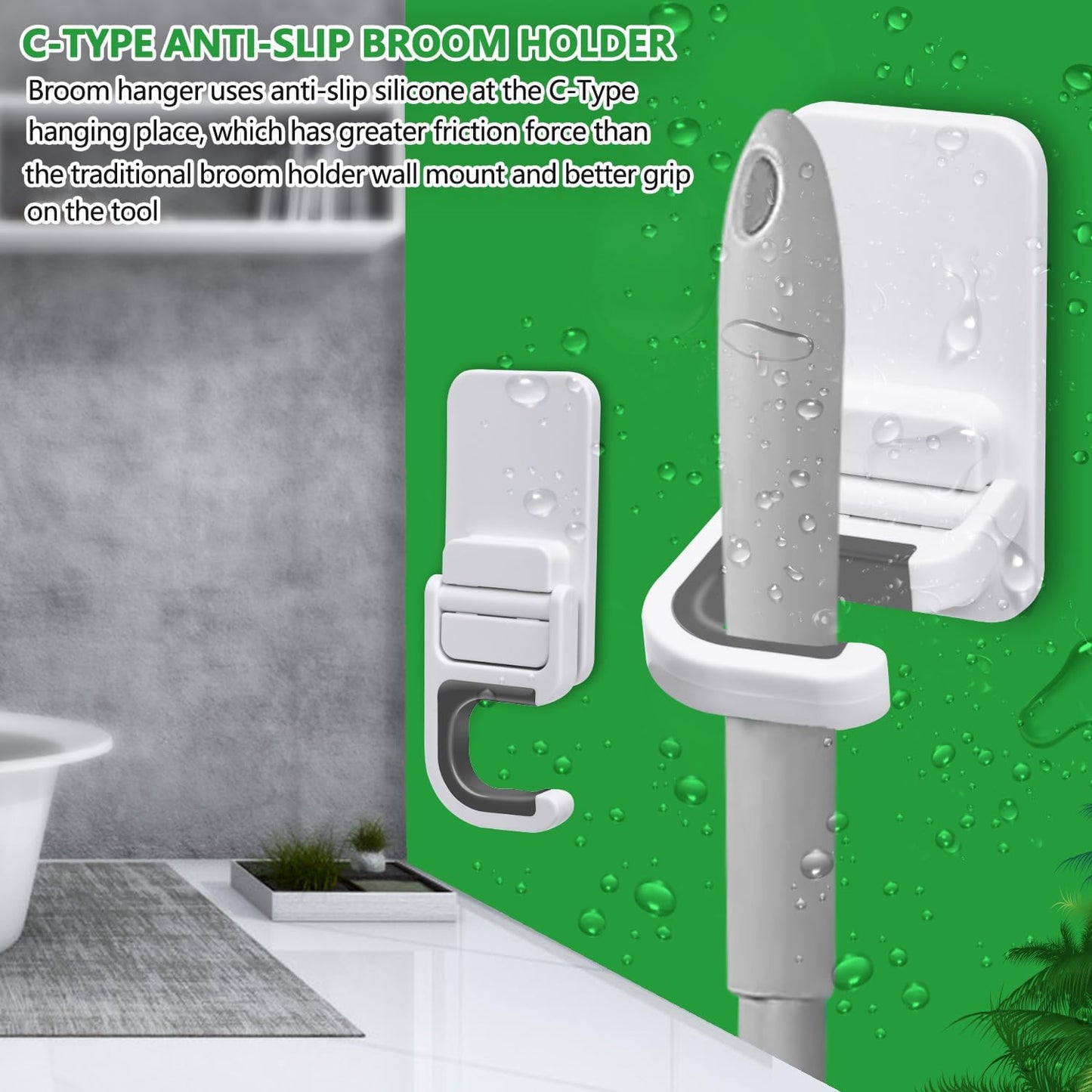 4pack Broom Holder Wall Mount Mop Holder Broom and Mop Gripper Self Adhesive No Drilling Anti-Slip Mop Handle Hanger Household Cleaning Organizer, Holds up to 6 lb