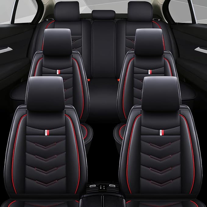 Car Seat Cover 6 Seats for Ford Explorer 2000-2026, Waterproof Durable Compatible Airbag, Premium Leather Seat Protector(6 Seats Standard,Black Red)
