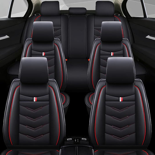 Car Seat Cover 6 Seats for Ford Explorer 2000-2026, Waterproof Durable Compatible Airbag, Premium Leather Seat Protector(6 Seats Standard,Black Red)