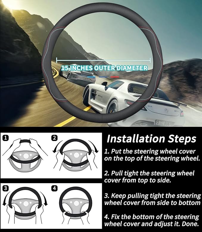 Custom-Fit for Mini Steering Wheel Cover, Premium Leather Car Steering Wheel Cover with Logo, Non-Slip, Breathable, for Mini Accessories (A-Style,for Mini Cooper)