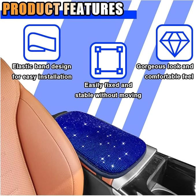 11.9''×8.4'' Bling Car Center Console Cover, Crystal Diamond Arm Rest Cover for Car, Soft Elbow Pillow Automotive Armrest Seat Box Covers, Arm Rest Protective Cushion Pad for Women Men (Blue)