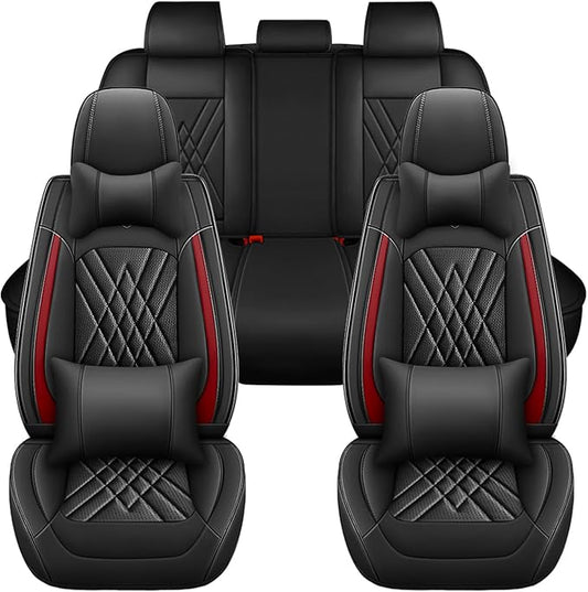 Car Seat Covers Compatible with Toyota Camry 2012-2026 Durable Waterproof Automotive Seat Covers Stretchable Fabric Material,Airbag Compatibility,Premium Nappa Leather(Black Red,Full Set with Pillow)