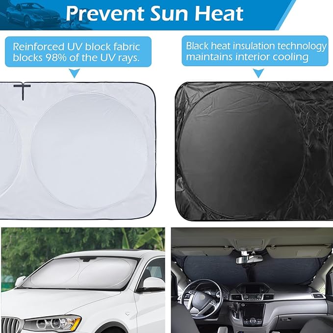 IC ICLOVER Car Windshield Sun Shade, 210T Material Foldable Front Window Sun Visor Protector, Blocks Heat and UV Rays Sun Protection Shield, Keep Your Car Cool, Fits Vans, MPV, Large Vehicles (Large)