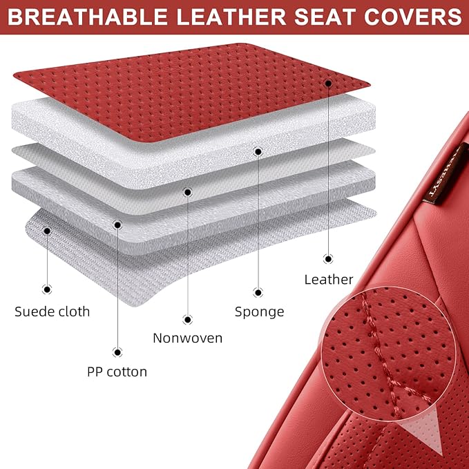 Martha Red Car Seat Covers Full Set, Breathable Leather Automotive Front and Rear Seat Covers & Headrest for Comfortable Driving, Universal Auto Interior Fit for Most Kinds of Vehicles, Cars
