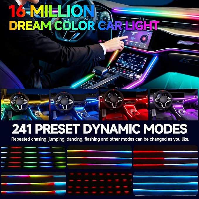 Ambient Lighting Car led Lights Interior,116in USB Dreamcolor 4 in 1 Acrylic Neon Flexible Strip Fiber Optic LED Ambient Lighting Kits with Remote APP, RGB Music Lights Sync for Inside car Decorations