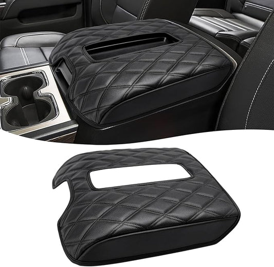 KBH Center Console Armrest Cover for Chevy Silverado & GMC Sierra 1500 2500 3500 2014-2018, Tahoe Suburban Yukon 2015-2020, Bucket Seat Console, Vinyl Leather, Black-Double Stitch