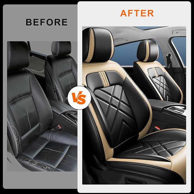 Car Seat Covers Fit for Mazda 3 2007-2026, Premium Leather, Full Coverage Leather Waterproof Breathable Seat Covers, Automotive Seat Protectors, Airbag Compatible(2 Front Seats, Black Beige)