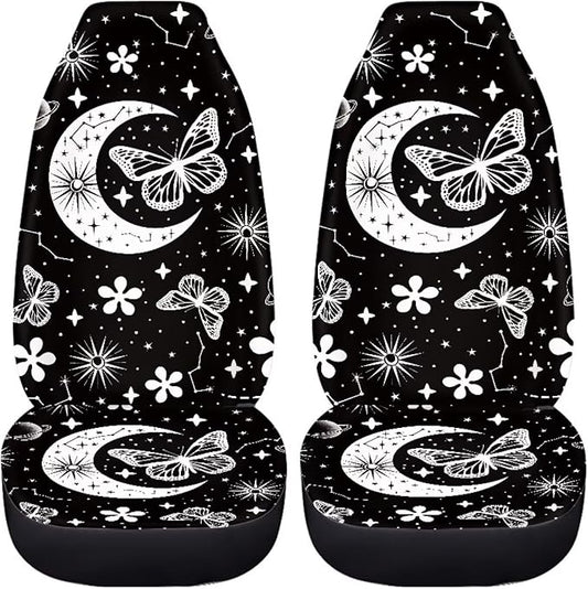 BIGCARJOB Moon Butterfly Car Seat Cover Set for Front Seat Only,2 Pack Black Butterfly Auto Front Seat Protector Saddle Blanket for Women Car Interior Accessories