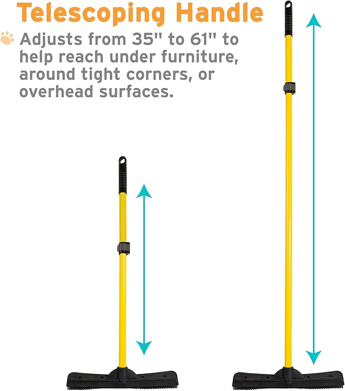 FURemover Original Plus Pet Hair Rubber Broom with Squeegee, with 61" Telescopic Handle for Carpet, Tile and Hardwood