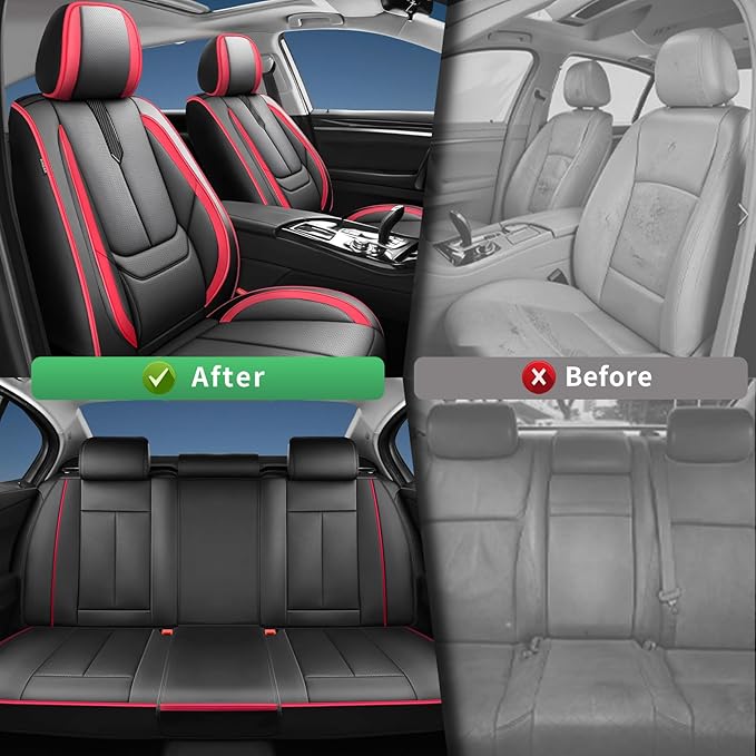 Fit Camry Car Seat Covers for Toyota Camry 2012-2024 2025 2026 -Upgraded Premium Waterproof & Breathable Leather,Airbag Compatible,All-Weather Seat Cushion Protector,Full Set,Black-Red
