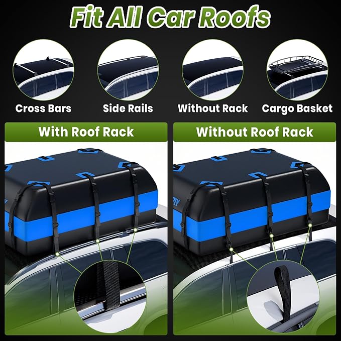 21 Cubic Feet Car Rooftop Cargo Bag Carrier, Soft Roof Top Luggage Bag for All Vechicles with/Without Racks - with Waterproof Zip, Luggage Lock, Anti-Slip Mat, Storage Bag, Door Hooks, Blue