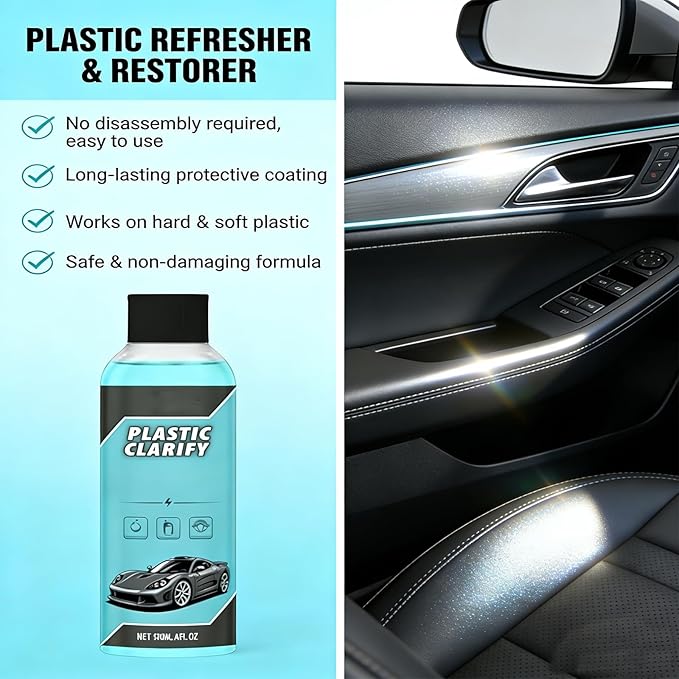 Interior Maintenance Refresher for Car, Plastic Clarify Tire Shine for Cars, 4 oz Black Plastic Car Trim Restorer Spray, Waterless Detailer for Rubber, Vinyl, and Plastic, Restores Deep Shine (1pc)