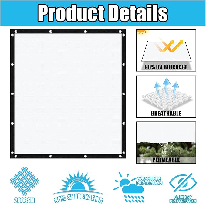 Amagenix 90% Pergola Shade Cover 7' X 11' Sun Shade Cloth with Grommets for Outdoor Garden Patio Porch, Commercial Grade 200 GSM - Cable Zip Ties Included (We Customized) GN108, White