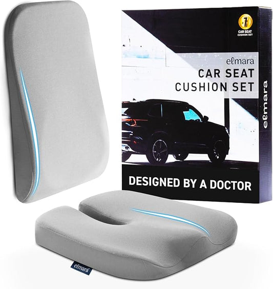 Elmara Doctor-Designed Car Seat Cushions for Driving – Car Seat Back Support, Driver Seat Cushion and Back Cushion for Car, Pillow for Driving Seat – The Ultimate Comfort Solution for Cars (Gray)