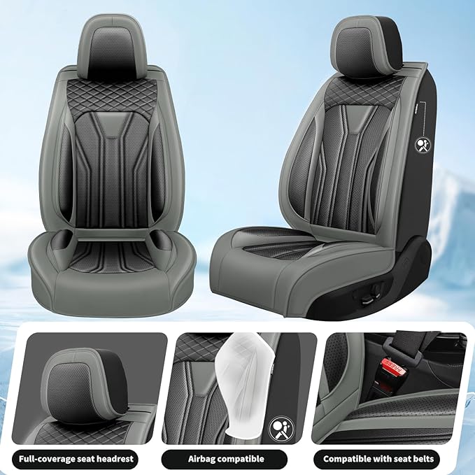 Fit Murano Car Seat Covers Compatible with Nissan Murano 2004-2025 2026 - Premium Leather， Waterproof Breathable， All-Weather Seat Cushion Protecto&Airbag Compatible (2 Front Seat Gray&Black)