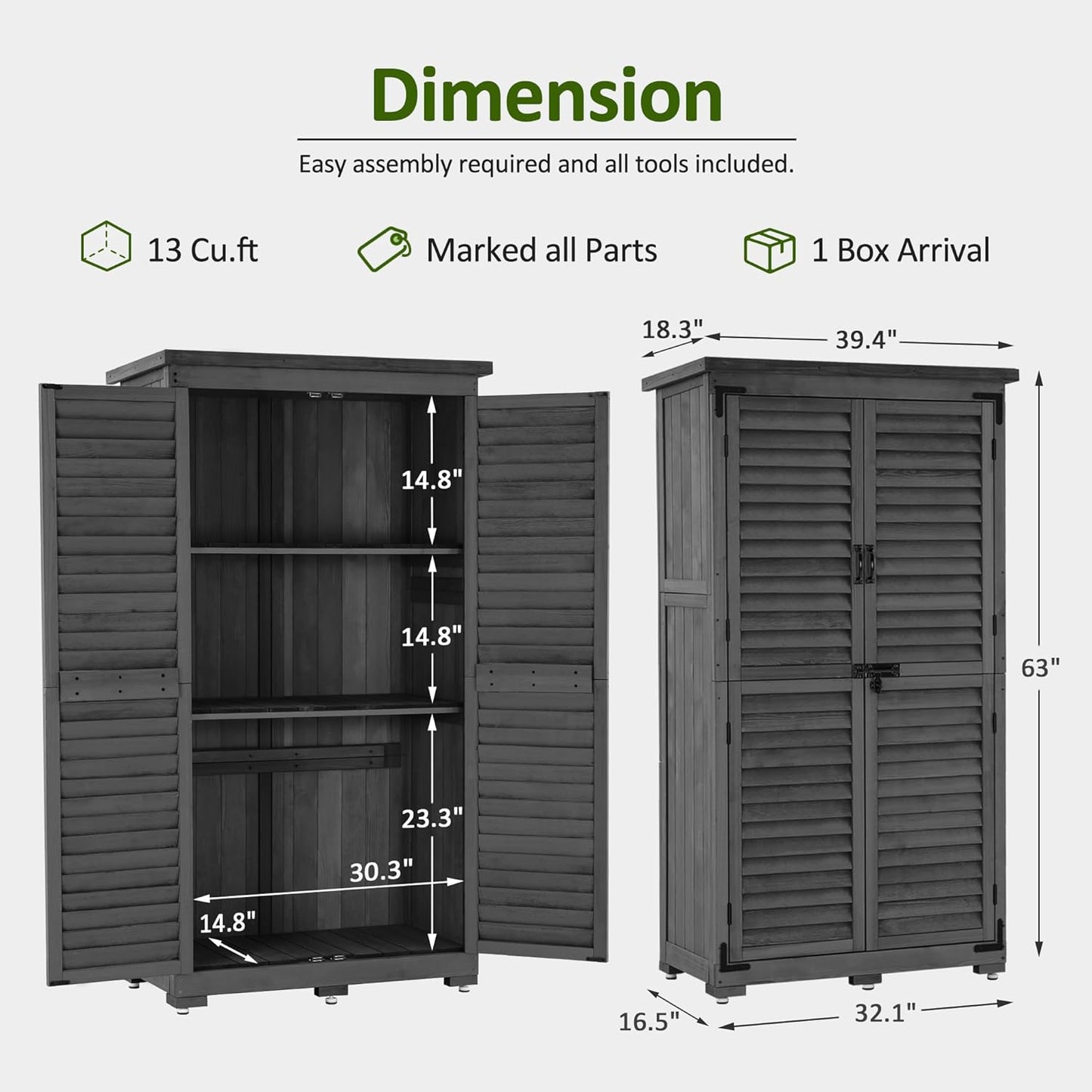 MCombo Outdoor Storage Cabinet, Garden Storage Shed, Outside Vertical Shed with Lockers, Outdoor 63 Inches Wood Tall Cabinet for Yard and Patio 0870 (Grey)