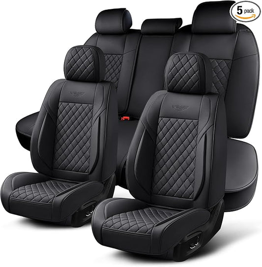 Auto Car Seat Covers Full Set Leather Cushion Protector Breathable Waterproof Seat Cover for Cars Universal Fit (Black, Full Set Without Headrest)