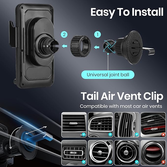 Car Phone Holder with 15W Wireless Car Charger, Car Vent Mount with Induction Opening and Closing, Air Vent Phone Stand with Horizontal and Vertical Screen Rotation Adjustment for iPhone - Blcak
