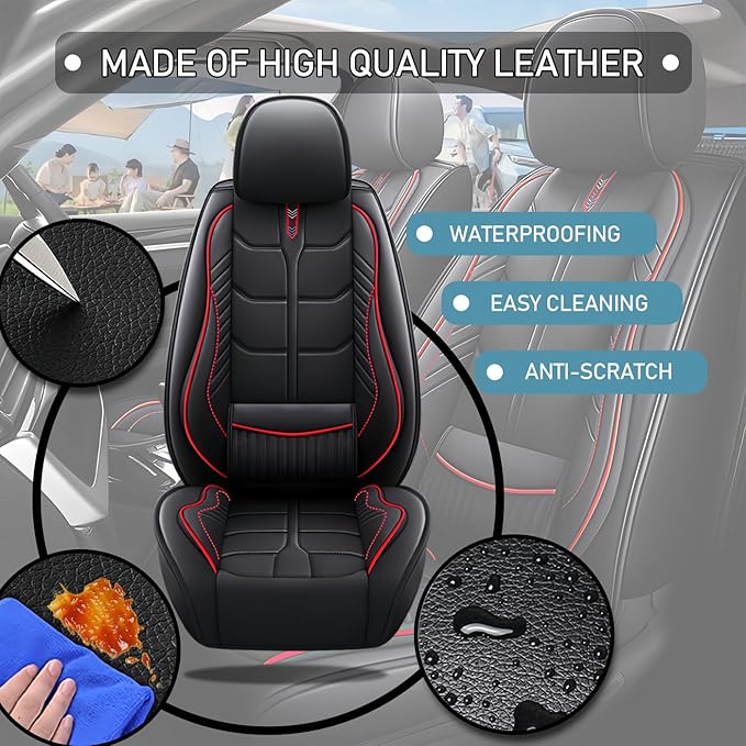 Leather Car Seat Covers Fit for Toyota Echo 2000-2005, 5 Seater Car Seat Cover, Premium Waterproof, Scratch Resistant Car Interior Accessories (Full Set Black Red)