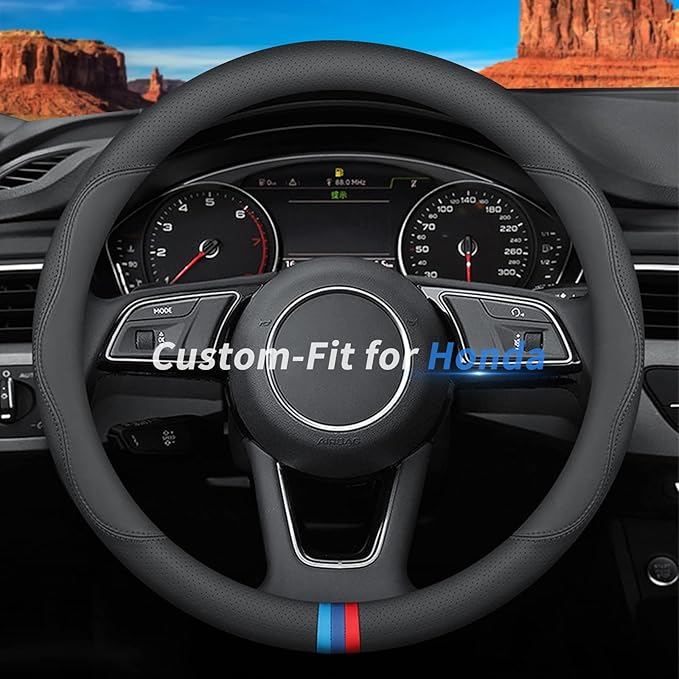 Custom-Fit for Honda Steering Wheel Cover, Premium Leather Car Steering Wheel Cover with Logo, Non-Slip, Breathable (D-Style,for Honda)