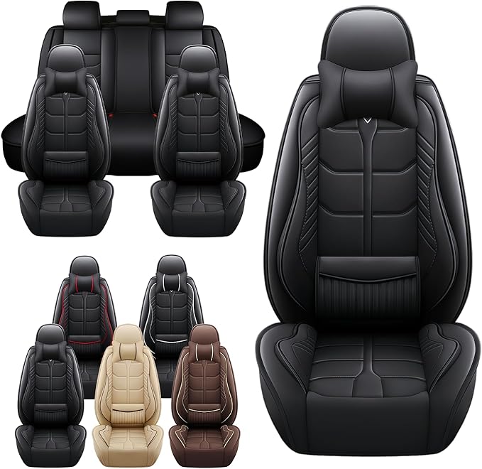 Leather Car Seat Covers Fit for Toyota FJ Cruiser 2002-2024, 5 Seater Car Seat Cover, Premium Waterproof, Scratch Resistant Car Interior Accessories (Full Set with Pillow Black)