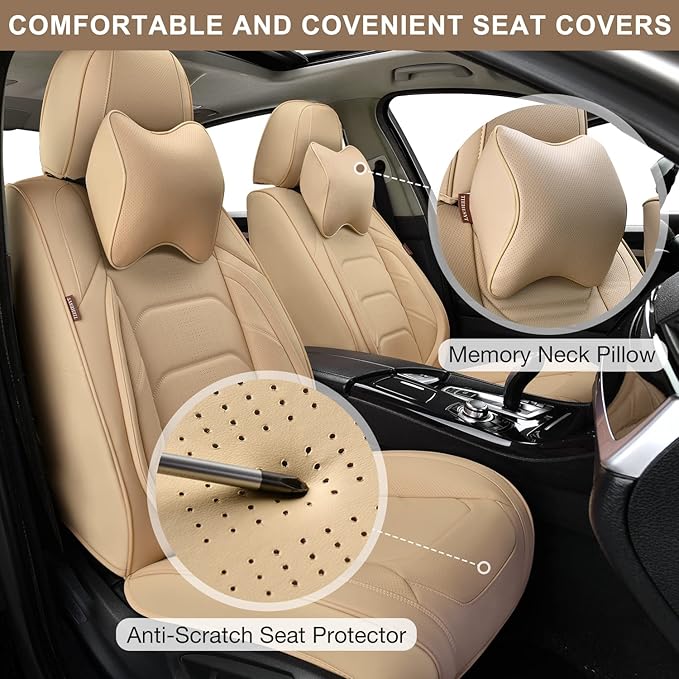 Beige Car Seat Covers Full Set, Breathable Leather Automotive Front and Rear Seat Covers & Headrest for Comfortable Driving, Compatible with Most Cars Sedans SUV Pickup Trucks