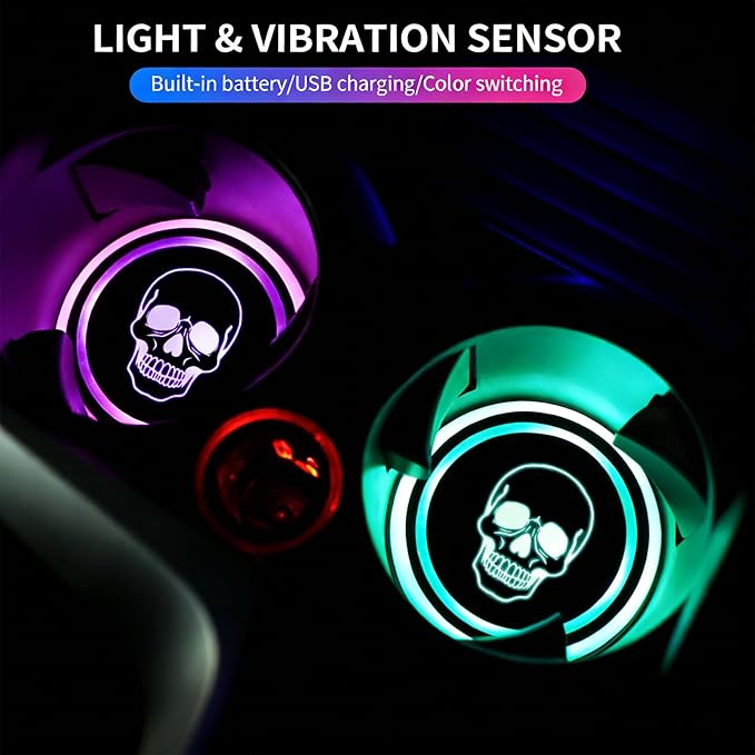 Skull LED Cup Holder Lights for Car,2Pcs LED Light Up Cup Holder Coasters with USB Charging 7 Colors 3 Modes,Waterproof Interior Atmosphere Lamp,Car Decor Accessories Skeleton Gifts for Women Men