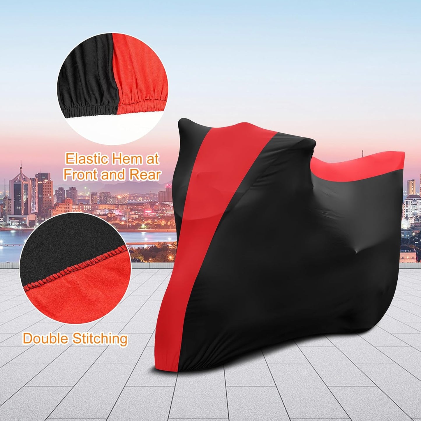 Indoor Motorcycle Cover, Soft Stretch Elastic Dustproof Protection Windproof Cover for Bike, Black and Red Stitching Motorcycle Cover for 104 x 41 x 49 in