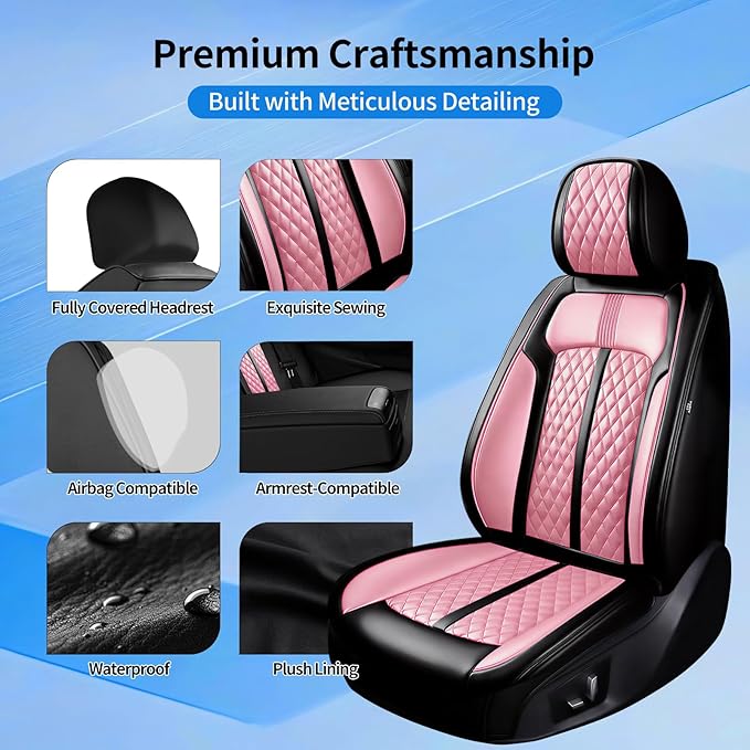 Fit Insight Car Seat Covers for Honda Insight 2010-2022 Premium Leather, Airbag Compatible, Scratch-Resistant, Waterproof All Weather Seat Protector, Airbag Compatible, Front Pair Black+Pink