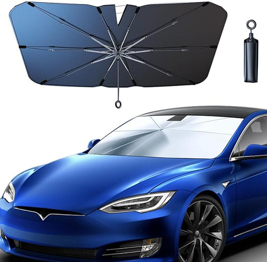 JDDRY Car Front Windshield Sun Shade with Pull Cord, Umbrella Sun Shade for Windshield, 2024 Upgrade Car Umbrella Sunshade, for Tesla (142x95cm/55.9"X37.4")