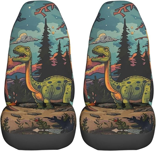 Delerain Car Seat Covers Set 2Pcs, Dinosaur Happy Camping Universal Front Car Seats Vehicle Enterior Protector Suitable Fits Most Car Auto SUV Sedan Truck