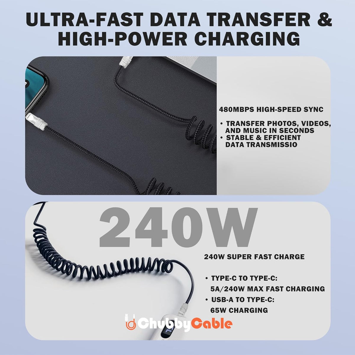 chubbycable Curly Chubby - Retractable Fast Charging Cable 240W Coiled Charger Cord for Car Durable USB-C Cable for Phones, Tablets and More, Gray, USB-A to Type-C, 1.3FT-2.3FT
