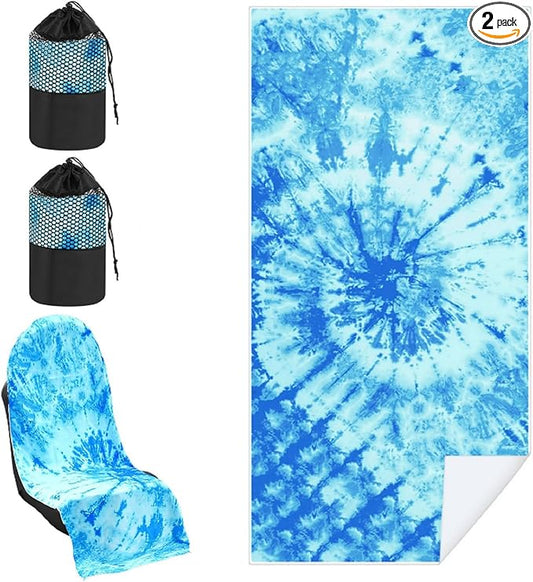 2 Pack Car Seat Towel Covers with Storage Bag 63 x 32 Inch Athletic Running Towel Seat Sweat Washable Non Slip Cover Gift for Car Outdoor Sport Activities (Blue Tie Dye)