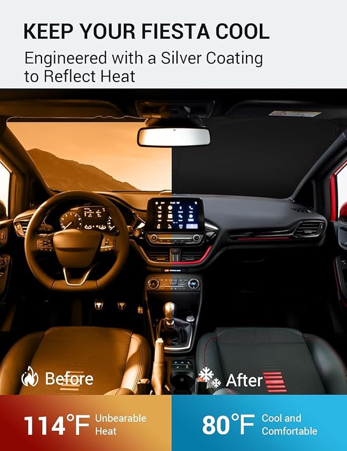 Proadsy 2026 Upgrade Windshield Sun Shade Custom Fit 2017-2019 Ford Fiesta Foldable Front Sunshade Protector Sun Visor Blocks UV Rays Keep Car Cooler