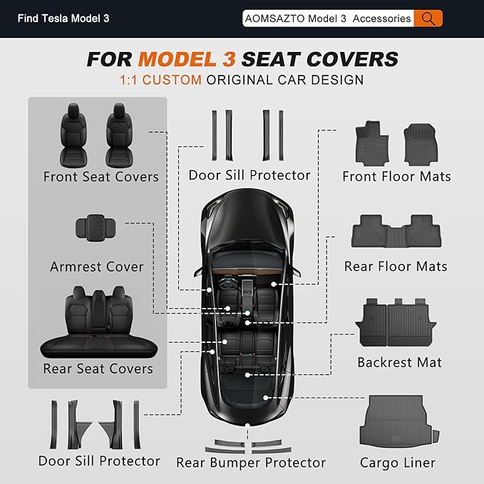 AOMSAZTO Car Seat Cover Fit for Tesla Model 3 2024 2025 (Not for Performance) - Full Set Black Seat Covers(with Armrest Cover)